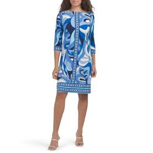 LONDON TIMES BLUE MULTI Three-quarter Sleeve Mini Shift Dress
